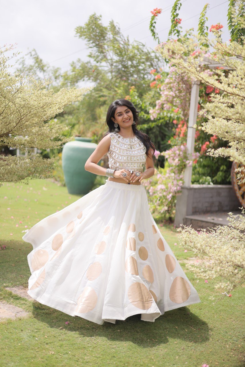 White Round Gota Roman Silk Navratri Lehenga Choli Set