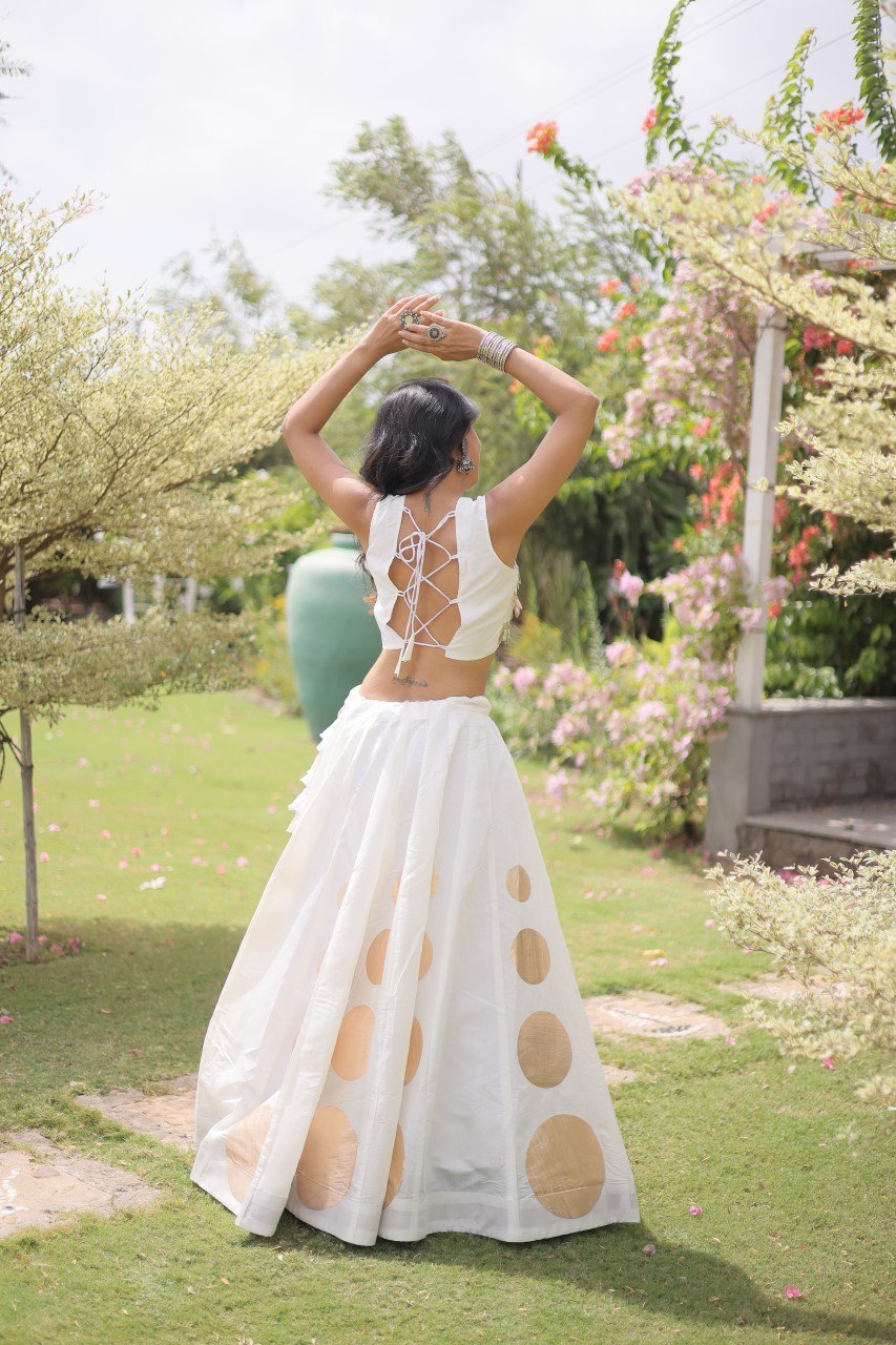 White Round Gota Roman Silk Navratri Lehenga Choli Set