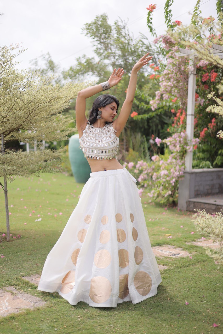 White Round Gota Roman Silk Navratri Lehenga Choli Set