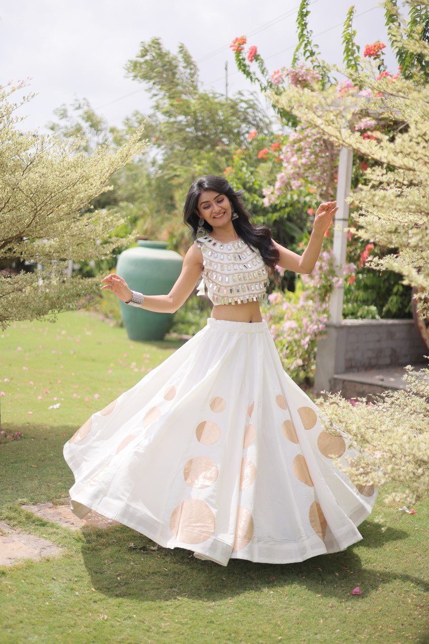 White Round Gota Roman Silk Navratri Lehenga Choli Set