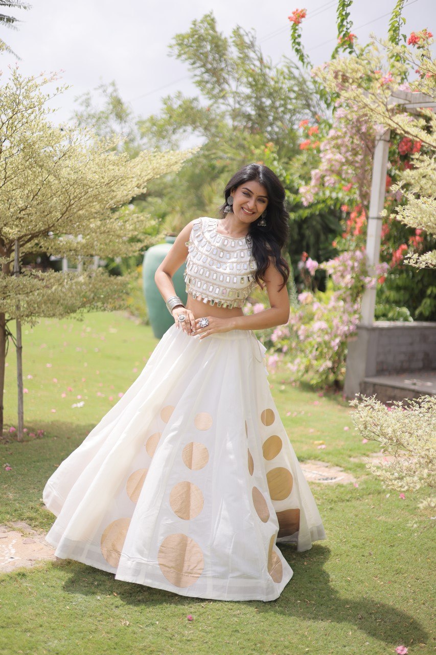 White Round Gota Roman Silk Navratri Lehenga Choli Set