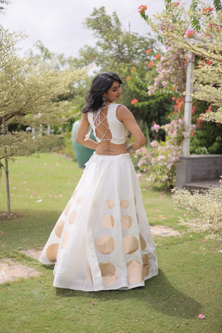 White Round Gota Roman Silk Navratri Lehenga Choli Set