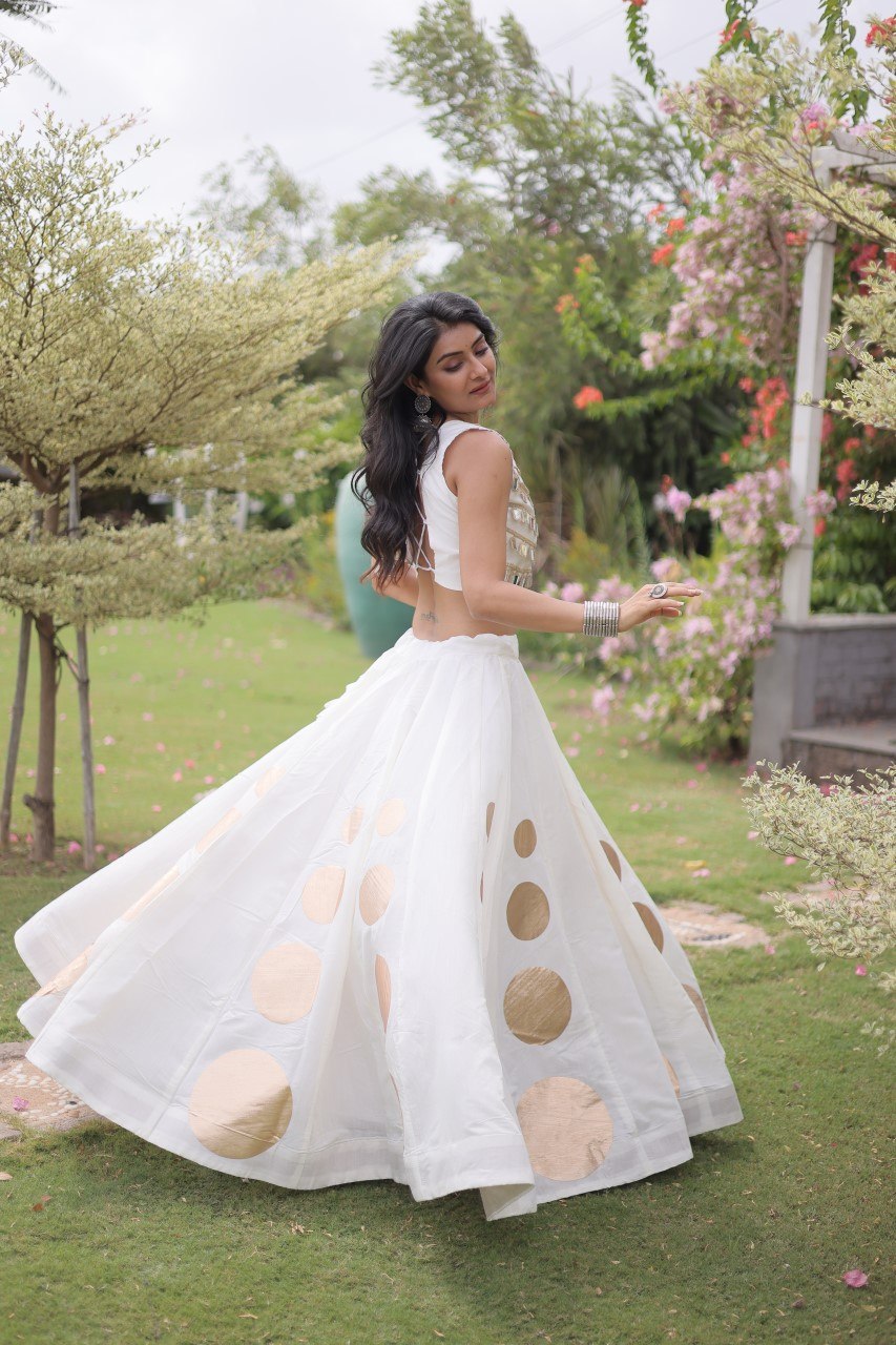 White Round Gota Roman Silk Navratri Lehenga Choli Set