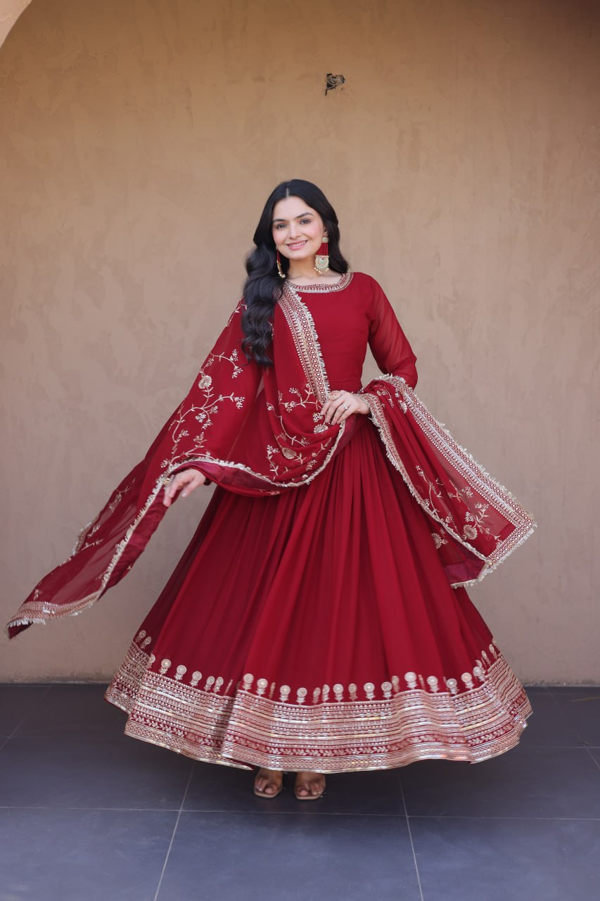 Maroon Faux Blooming Embroidered Gown with Dupatta
