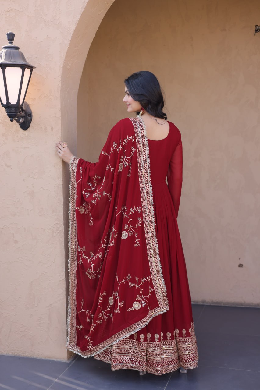 Maroon Faux Blooming Embroidered Gown with Dupatta