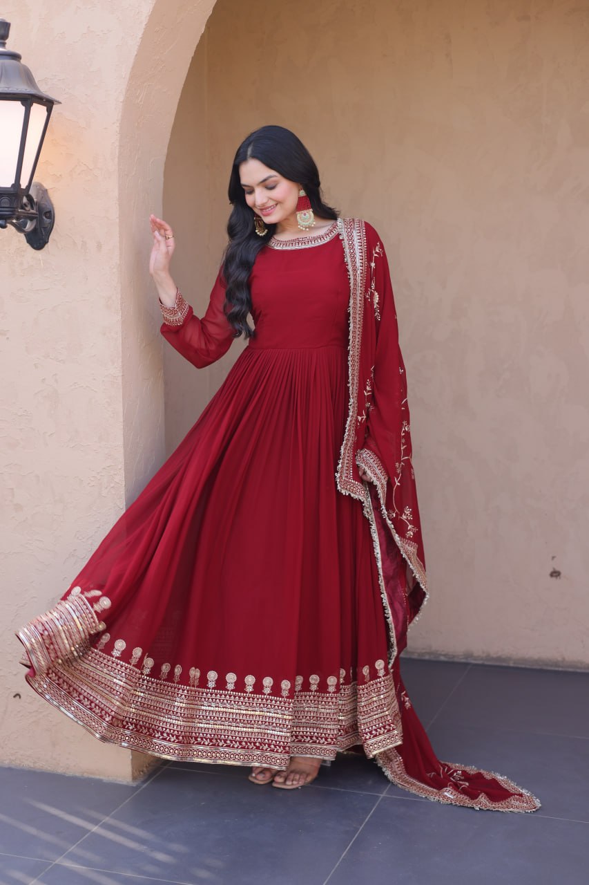 Maroon Faux Blooming Embroidered Gown with Dupatta