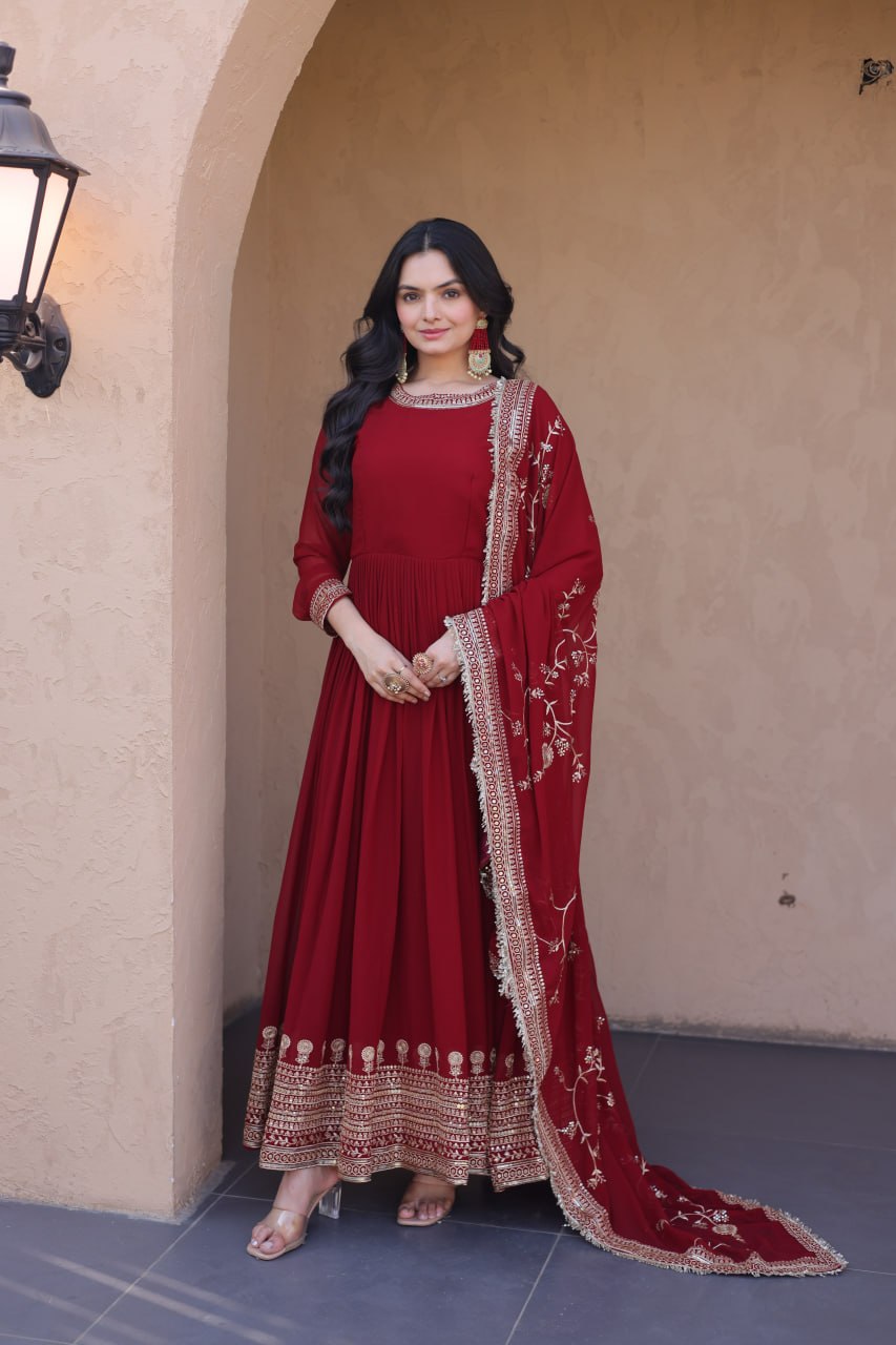 Maroon Faux Blooming Embroidered Gown with Dupatta