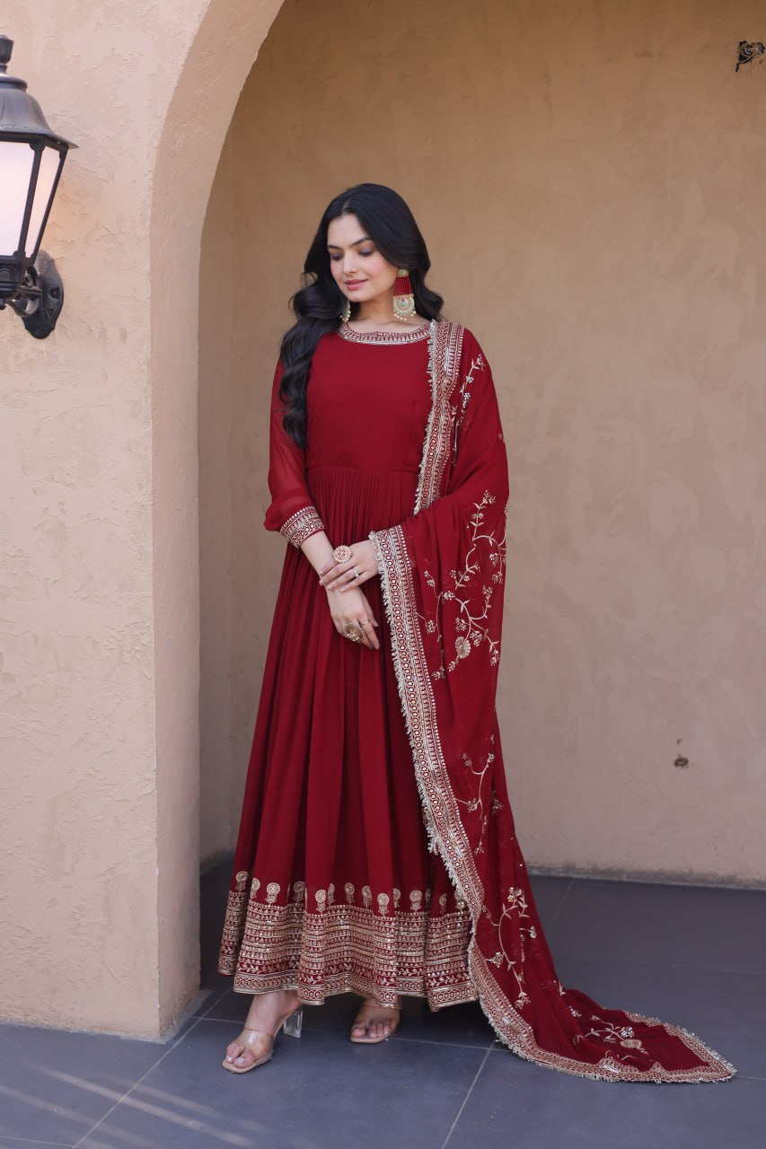 Maroon Faux Blooming Embroidered Gown with Dupatta