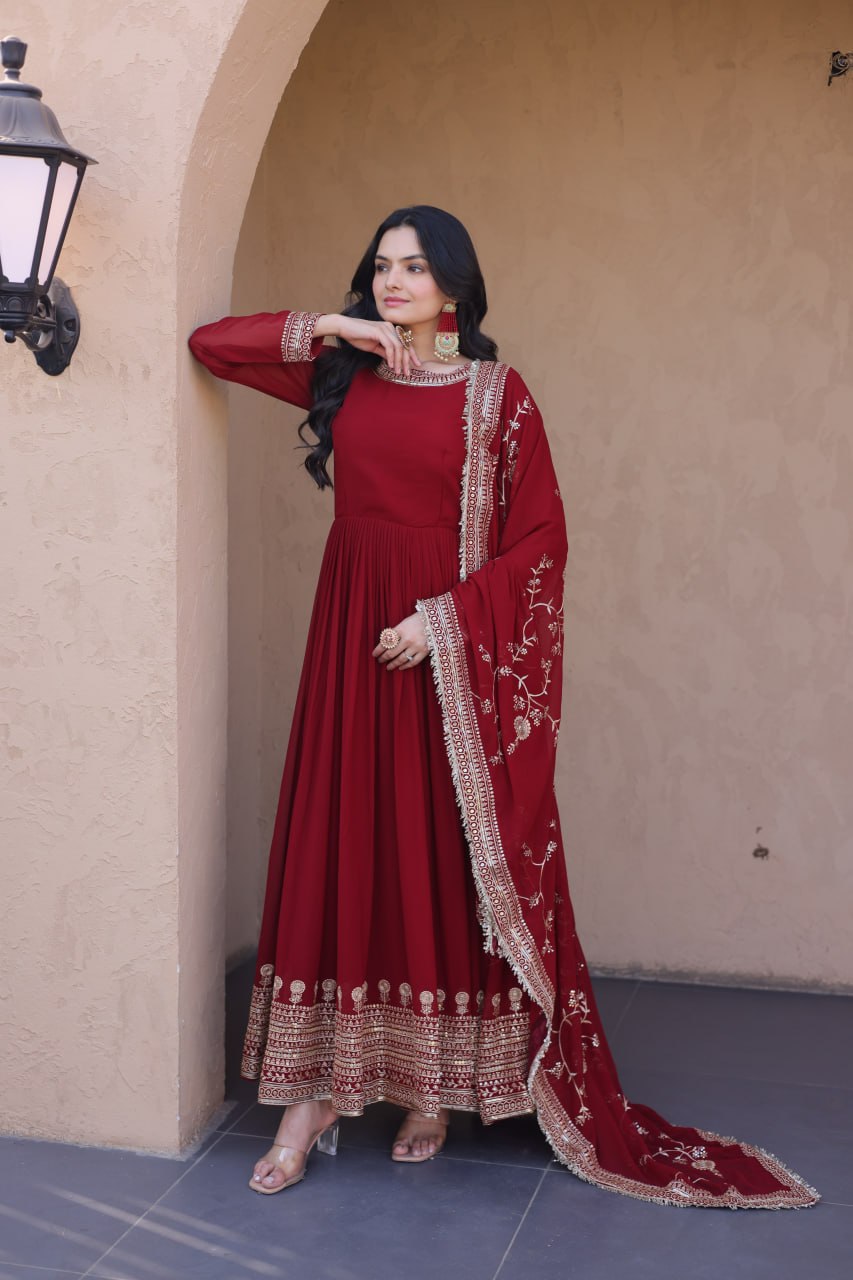 Maroon Faux Blooming Embroidered Gown with Dupatta