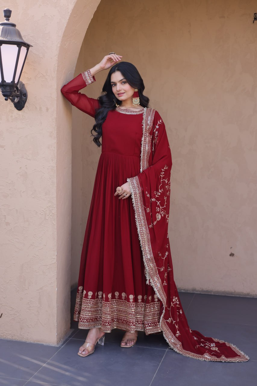Maroon Faux Blooming Embroidered Gown with Dupatta