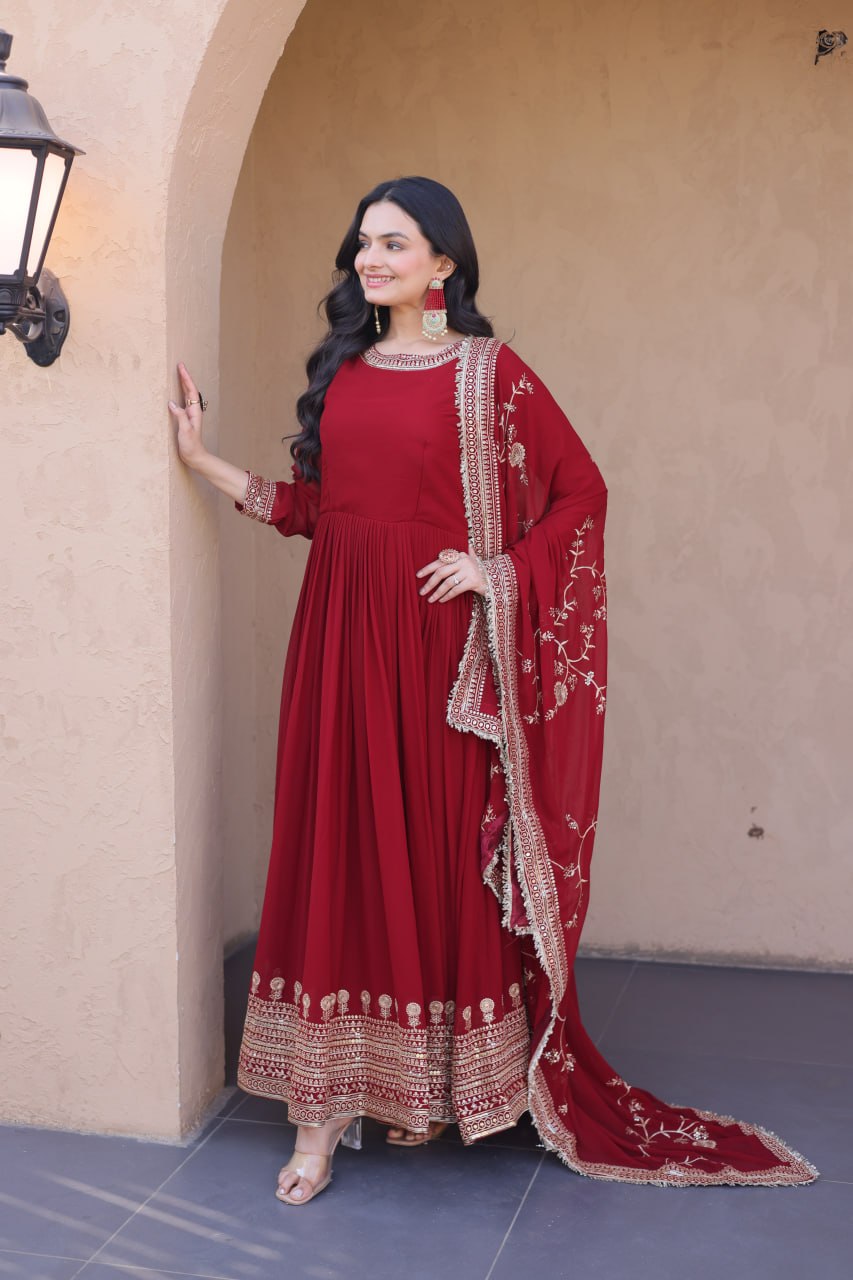 Maroon Faux Blooming Embroidered Gown with Dupatta