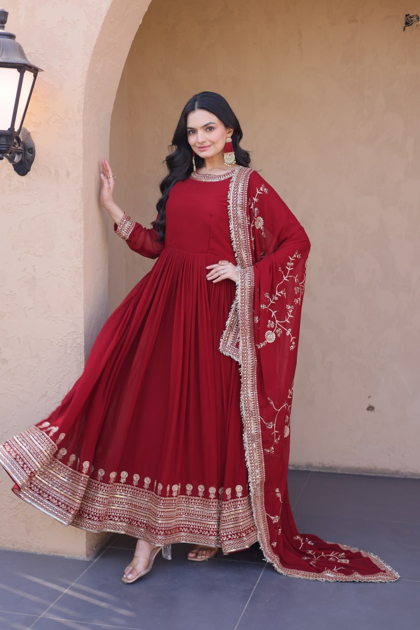 Maroon Faux Blooming Embroidered Gown with Dupatta