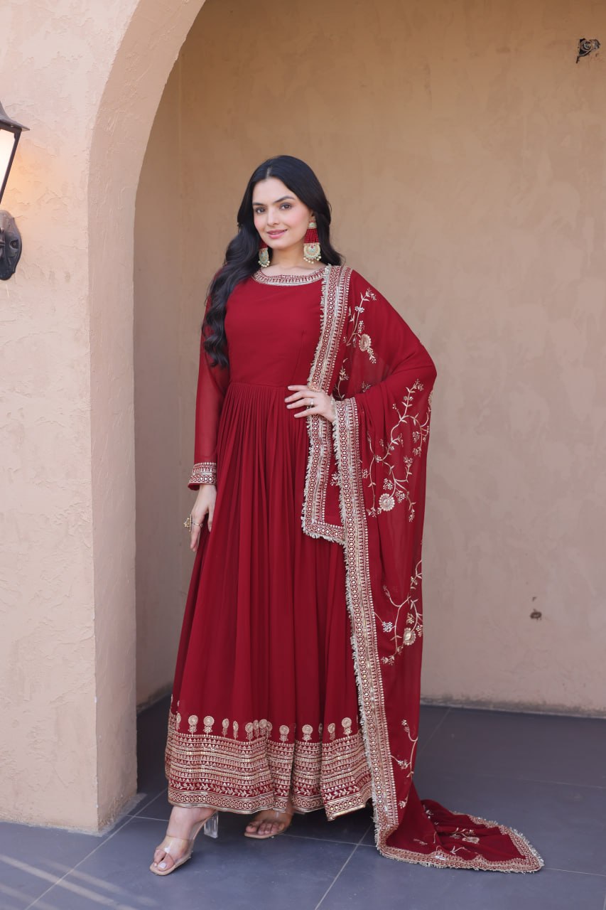 Maroon Faux Blooming Embroidered Gown with Dupatta