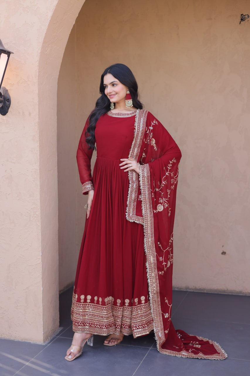 Maroon Faux Blooming Embroidered Gown with Dupatta