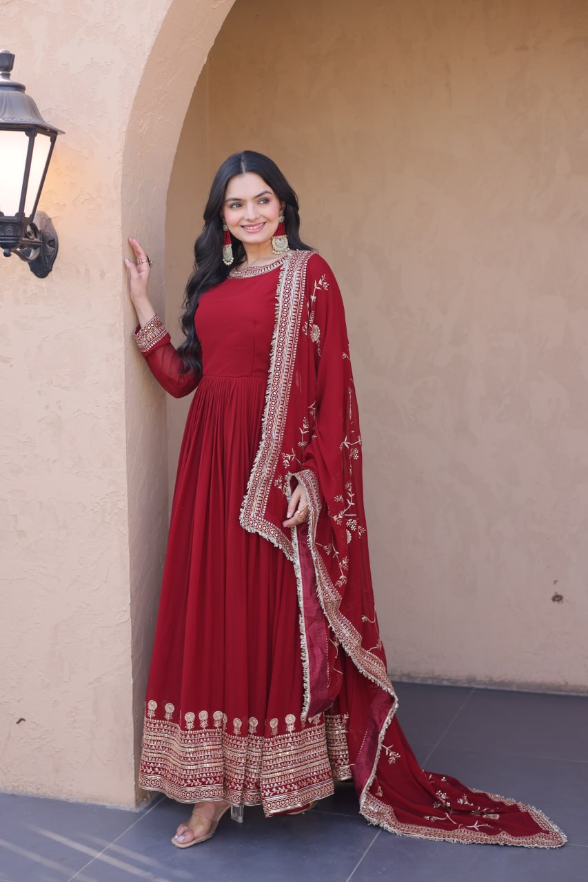 Maroon Faux Blooming Embroidered Gown with Dupatta