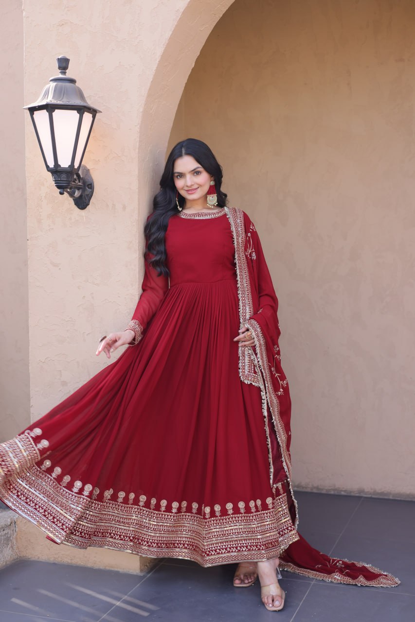 Maroon Faux Blooming Embroidered Gown with Dupatta