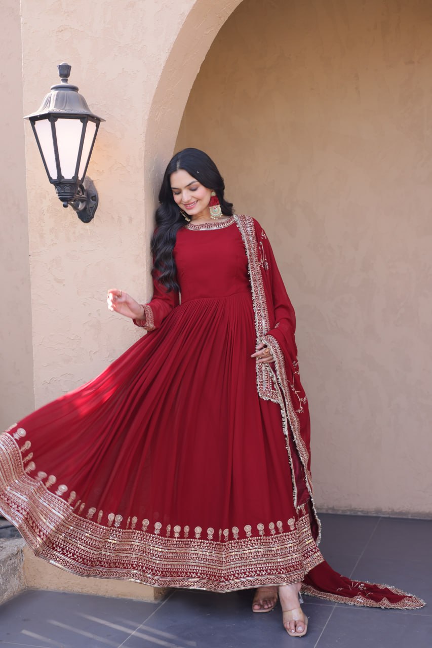 Maroon Faux Blooming Embroidered Gown with Dupatta