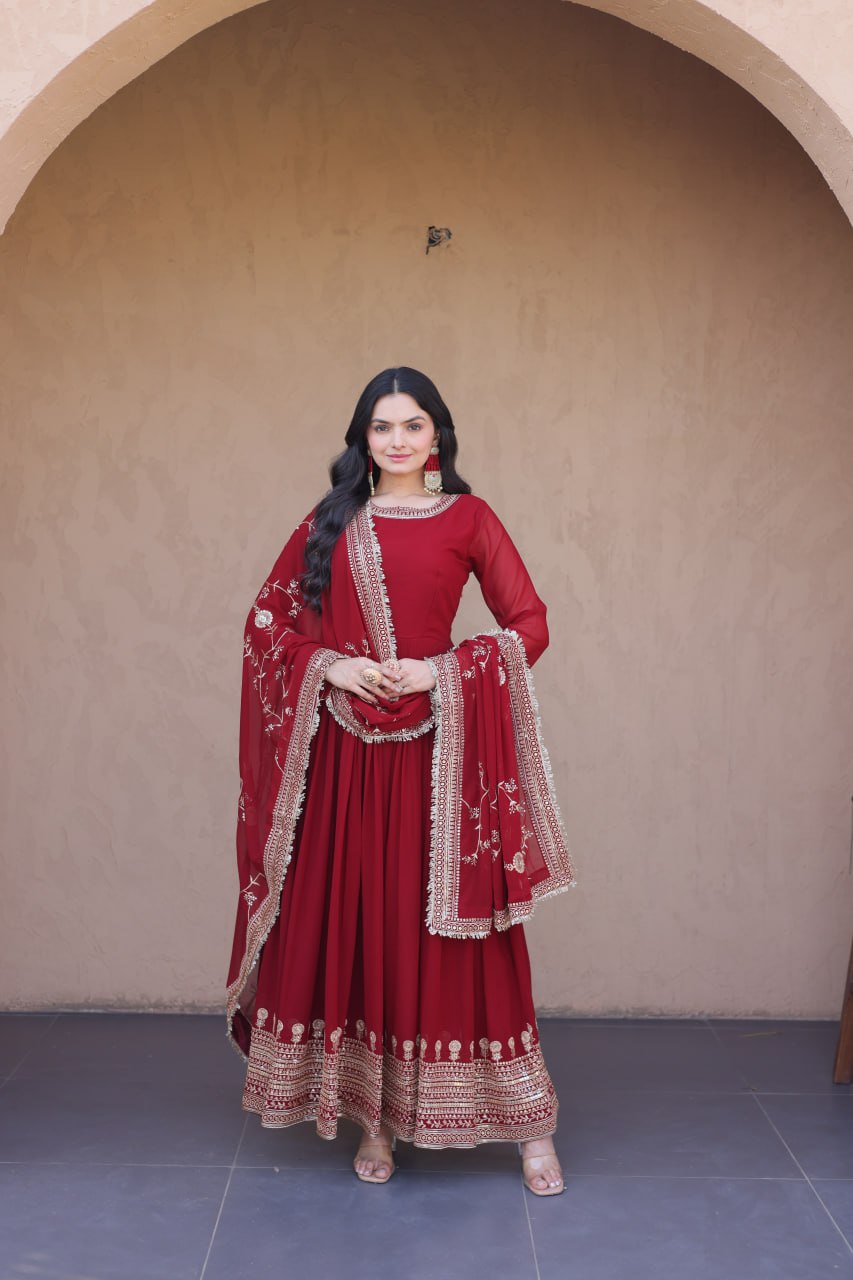 Maroon Faux Blooming Embroidered Gown with Dupatta