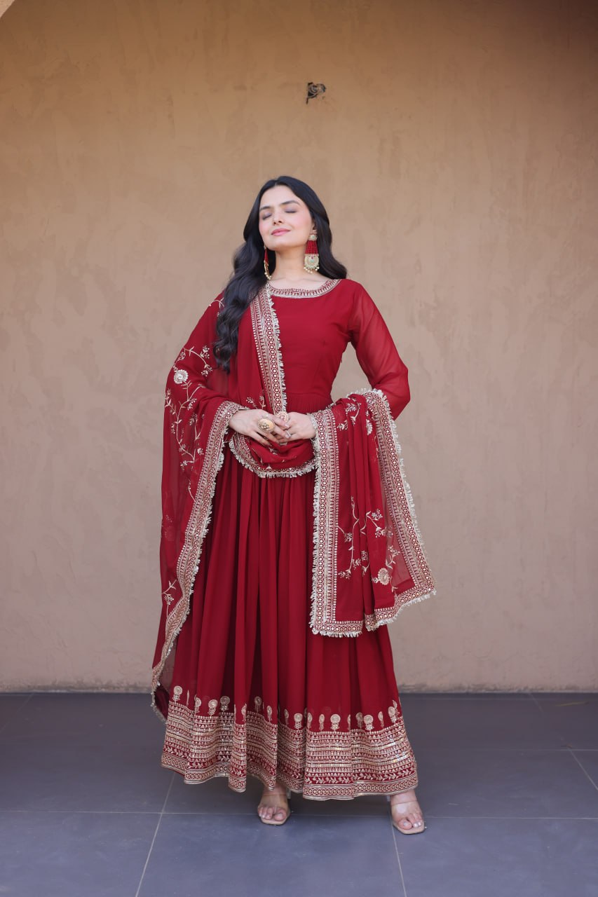 Maroon Faux Blooming Embroidered Gown with Dupatta