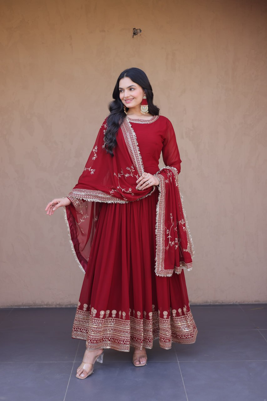 Maroon Faux Blooming Embroidered Gown with Dupatta