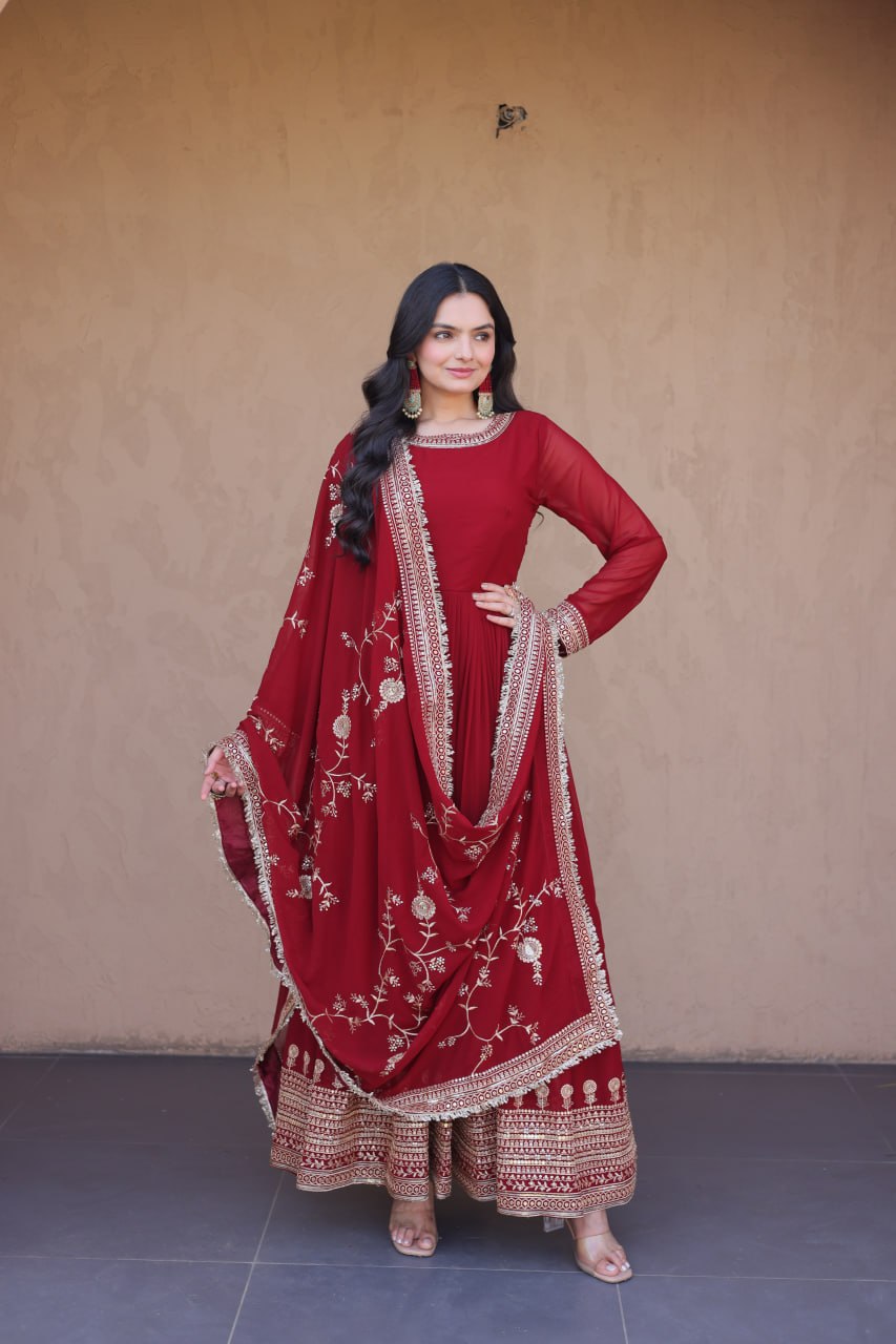 Maroon Faux Blooming Embroidered Gown with Dupatta
