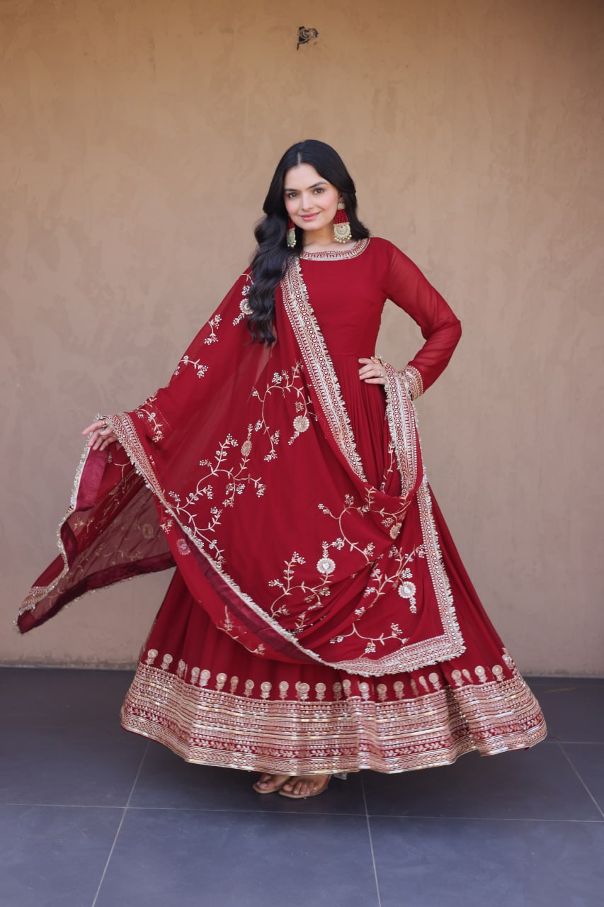 Maroon Faux Blooming Embroidered Gown with Dupatta