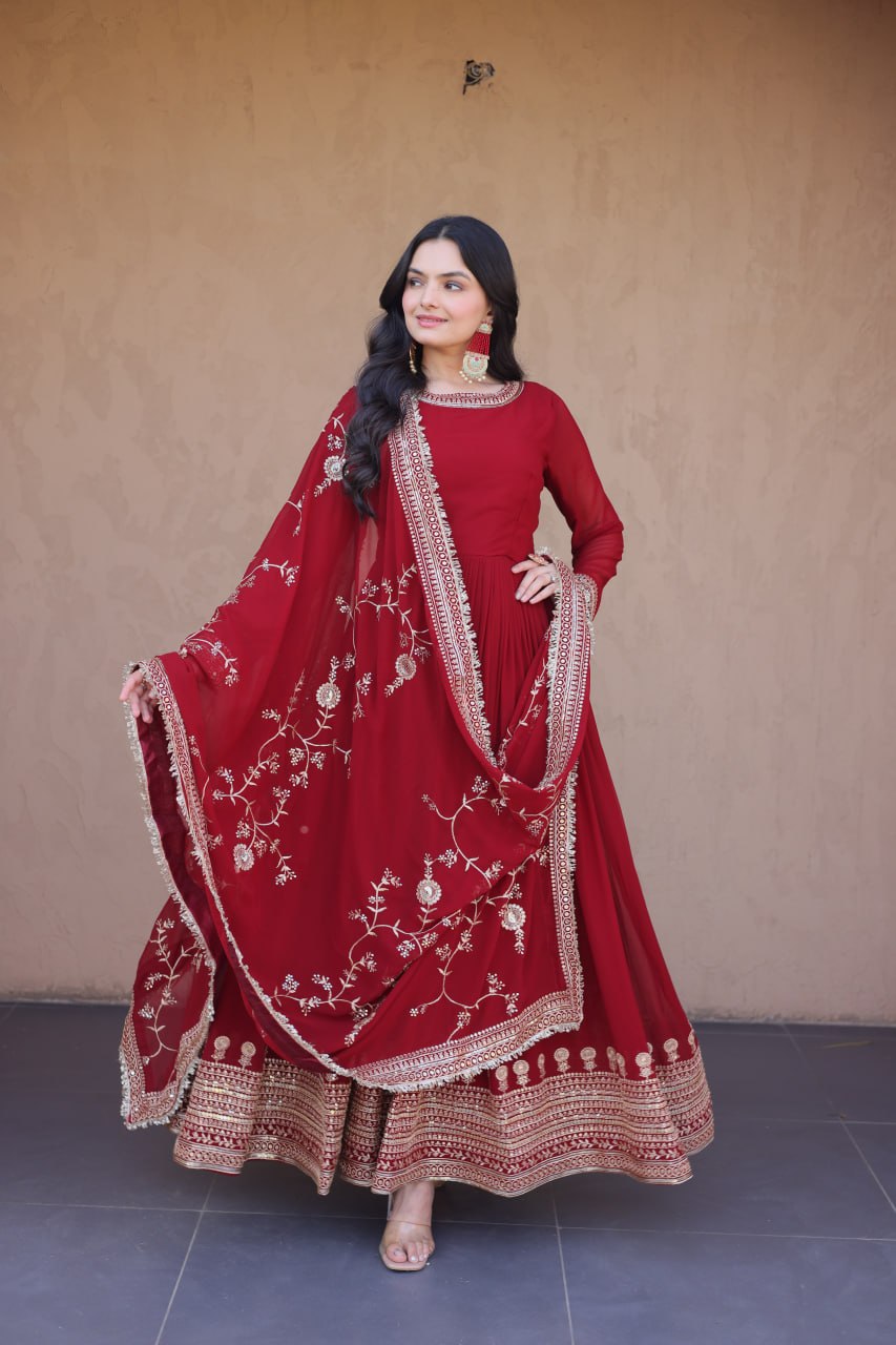Maroon Faux Blooming Embroidered Gown with Dupatta