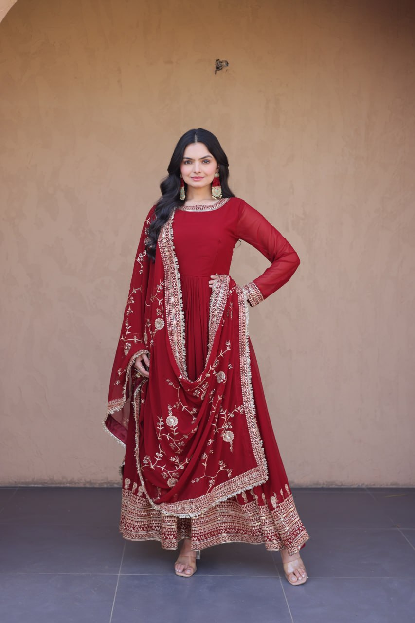 Maroon Faux Blooming Embroidered Gown with Dupatta