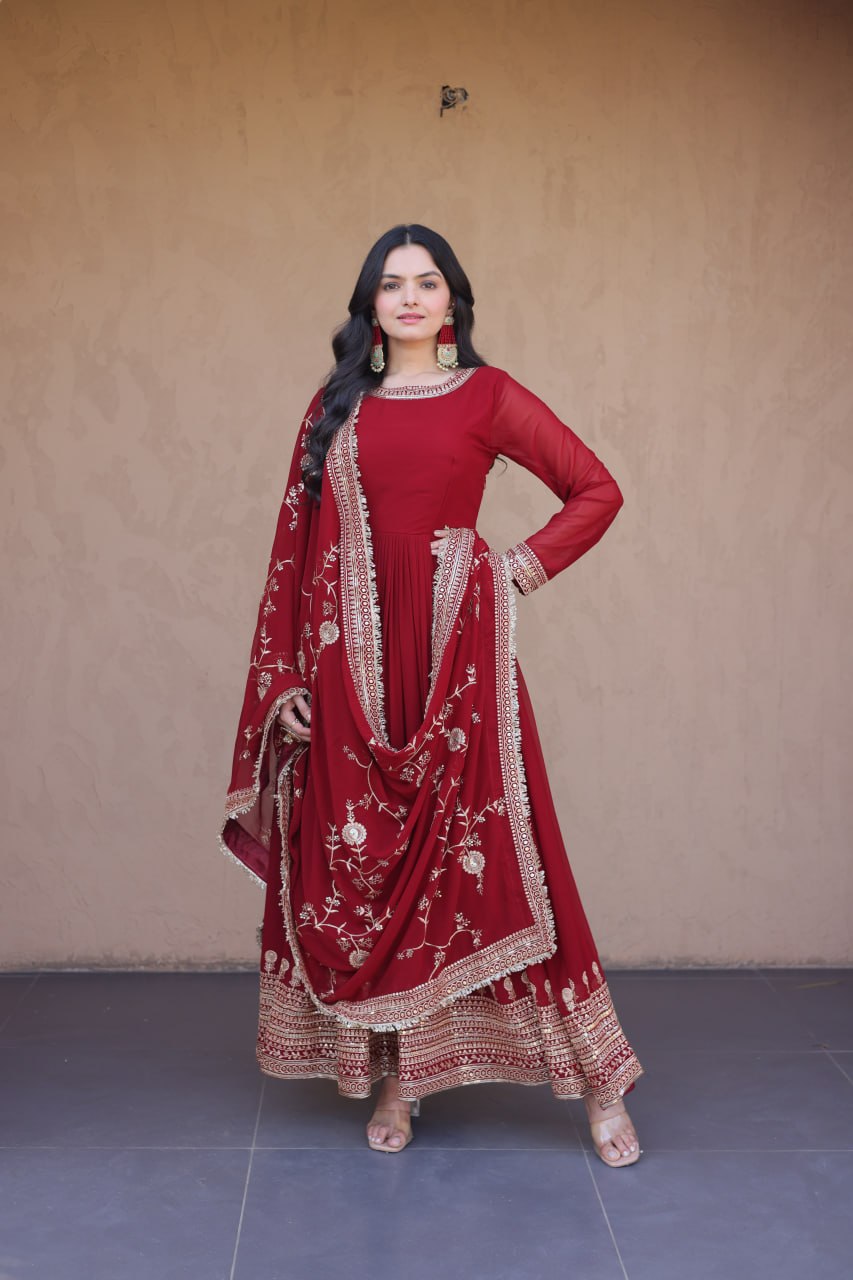 Maroon Faux Blooming Embroidered Gown with Dupatta