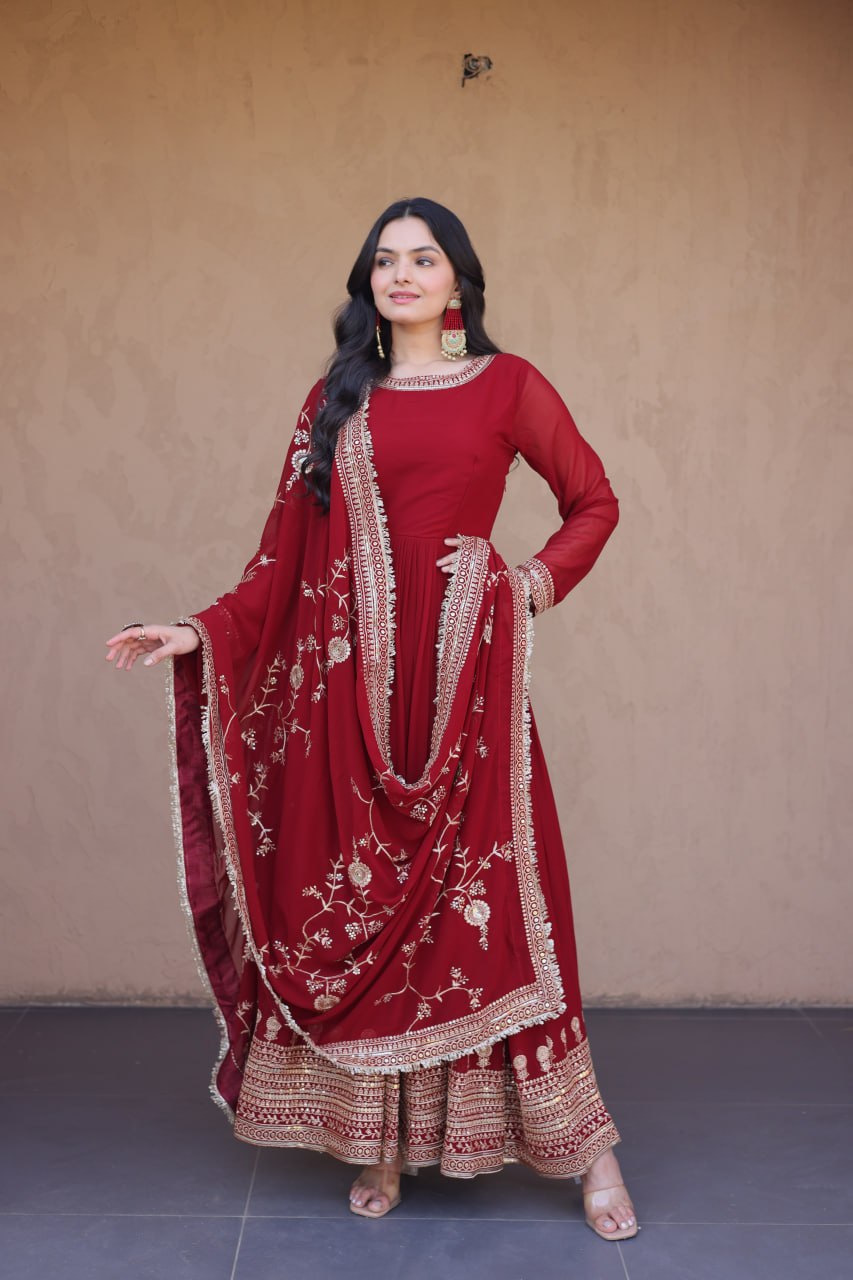 Maroon Faux Blooming Embroidered Gown with Dupatta