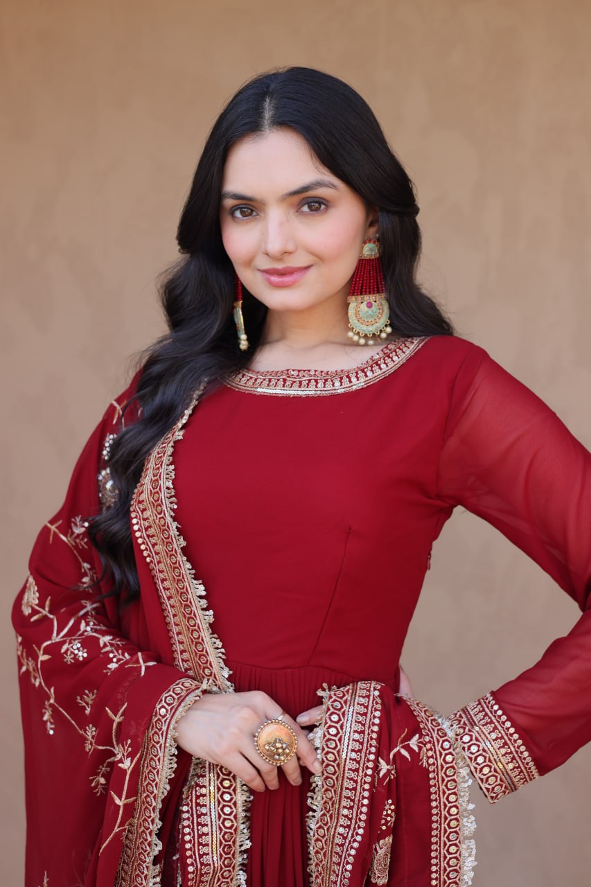 Maroon Faux Blooming Embroidered Gown with Dupatta