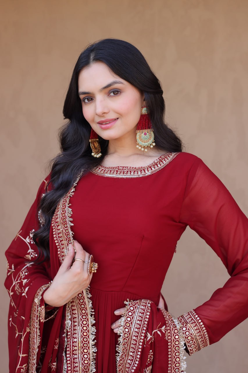 Maroon Faux Blooming Embroidered Gown with Dupatta