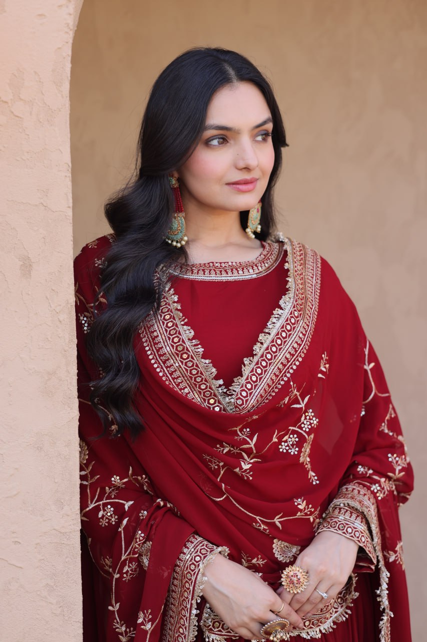 Maroon Faux Blooming Embroidered Gown with Dupatta