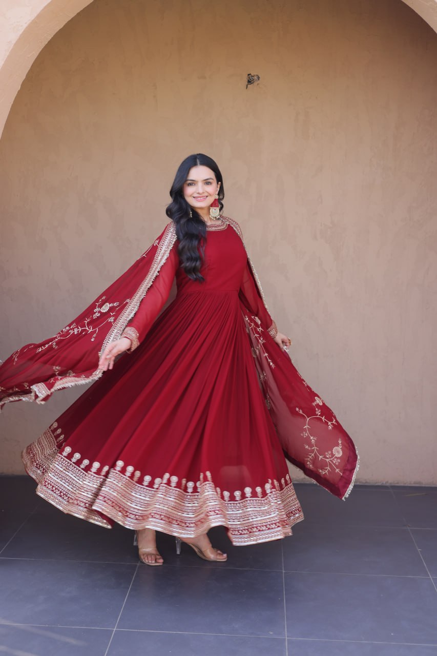 Maroon Faux Blooming Embroidered Gown with Dupatta