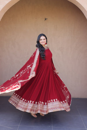 Maroon Faux Blooming Embroidered Gown with Dupatta