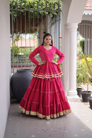 Pink Layered Cora Cotton Navratri Lehenga Set with Peplum Top