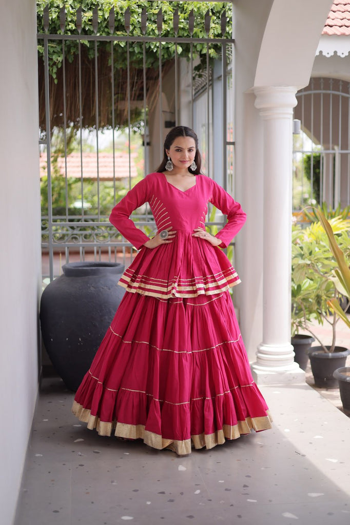 Pink Layered Cora Cotton Navratri Lehenga Set with Peplum Top