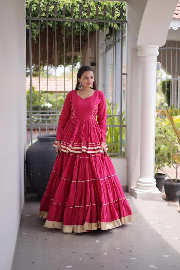 Pink Layered Cora Cotton Navratri Lehenga Set with Peplum Top