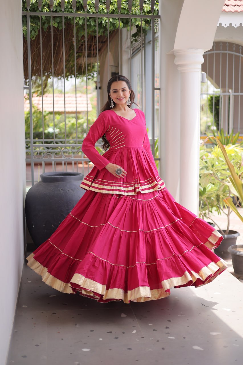 Pink Layered Cora Cotton Navratri Lehenga Set with Peplum Top