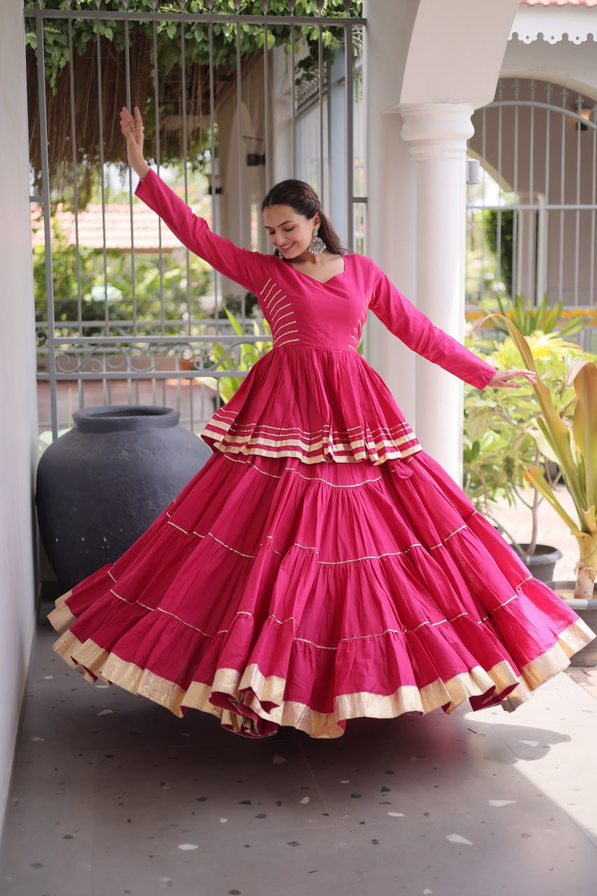 Pink Layered Cora Cotton Navratri Lehenga Set with Peplum Top