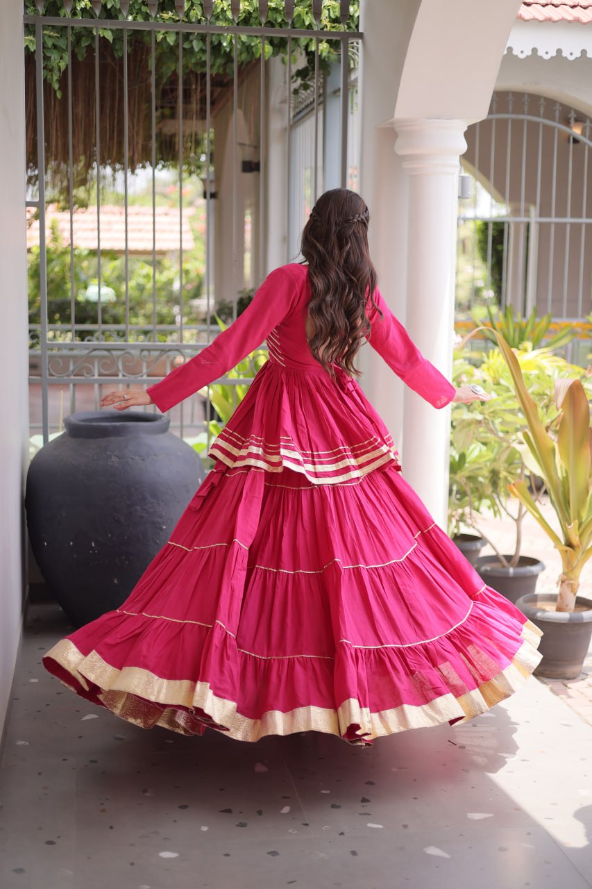 Pink Layered Cora Cotton Navratri Lehenga Set with Peplum Top