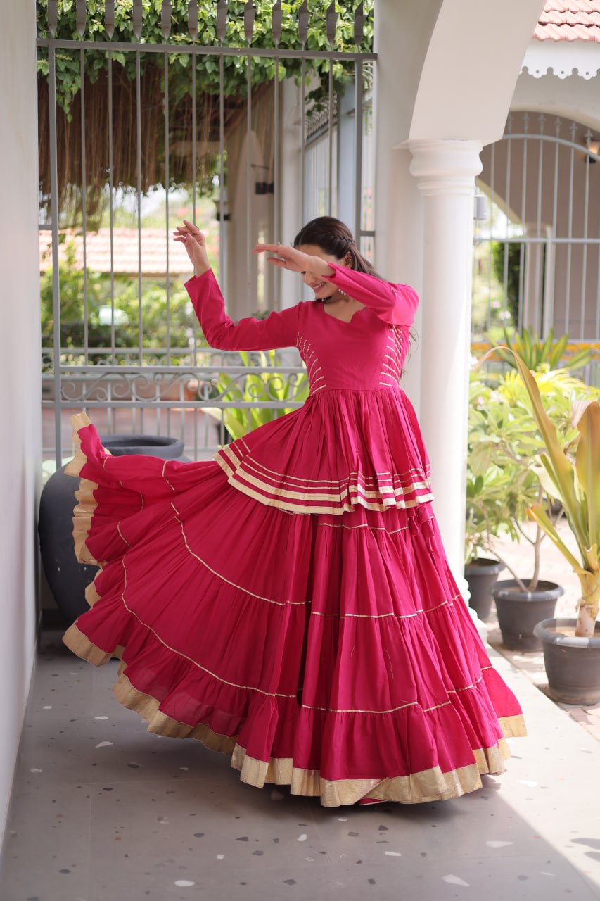 Pink Layered Cora Cotton Navratri Lehenga Set with Peplum Top