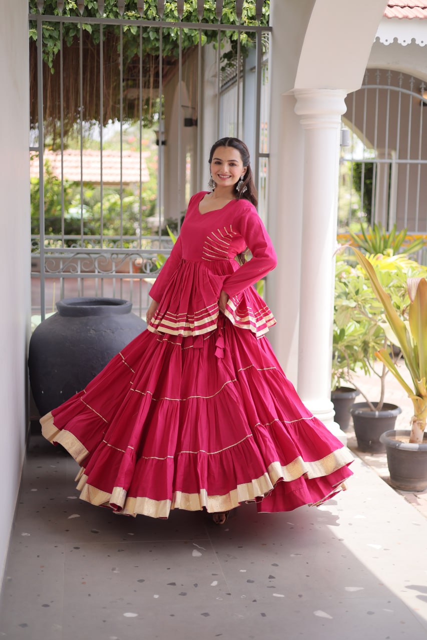 Pink Layered Cora Cotton Navratri Lehenga Set with Peplum Top