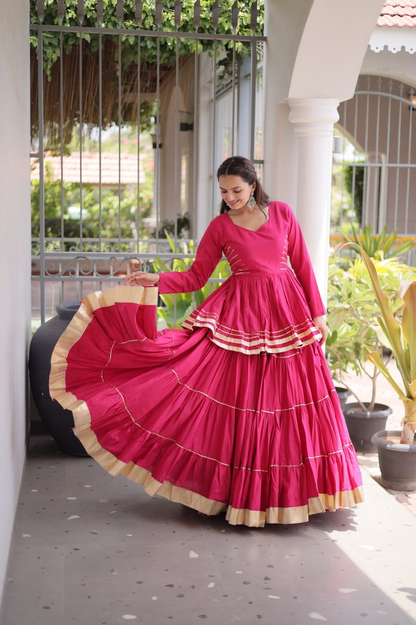 Pink Layered Cora Cotton Navratri Lehenga Set with Peplum Top