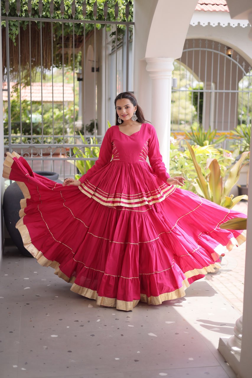 Pink Layered Cora Cotton Navratri Lehenga Set with Peplum Top