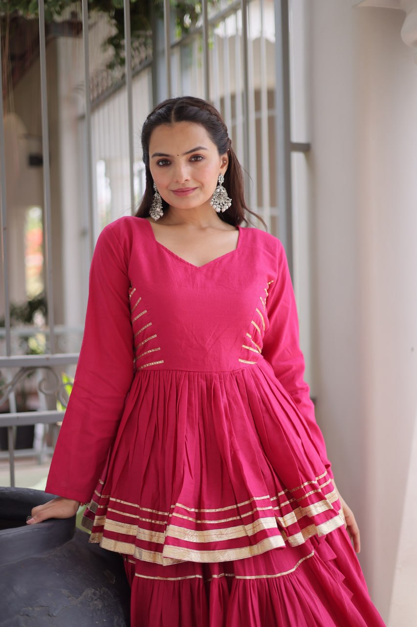 Pink Layered Cora Cotton Navratri Lehenga Set with Peplum Top