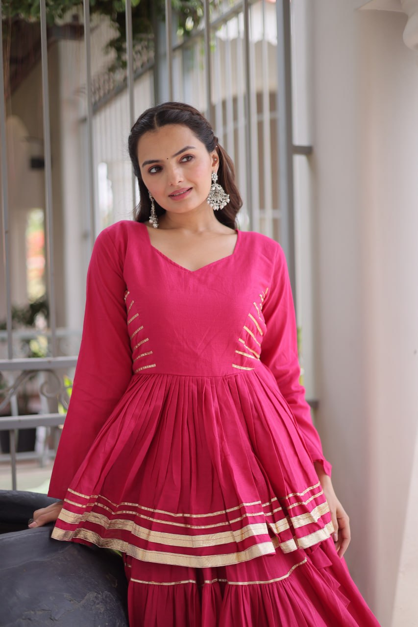 Pink Layered Cora Cotton Navratri Lehenga Set with Peplum Top