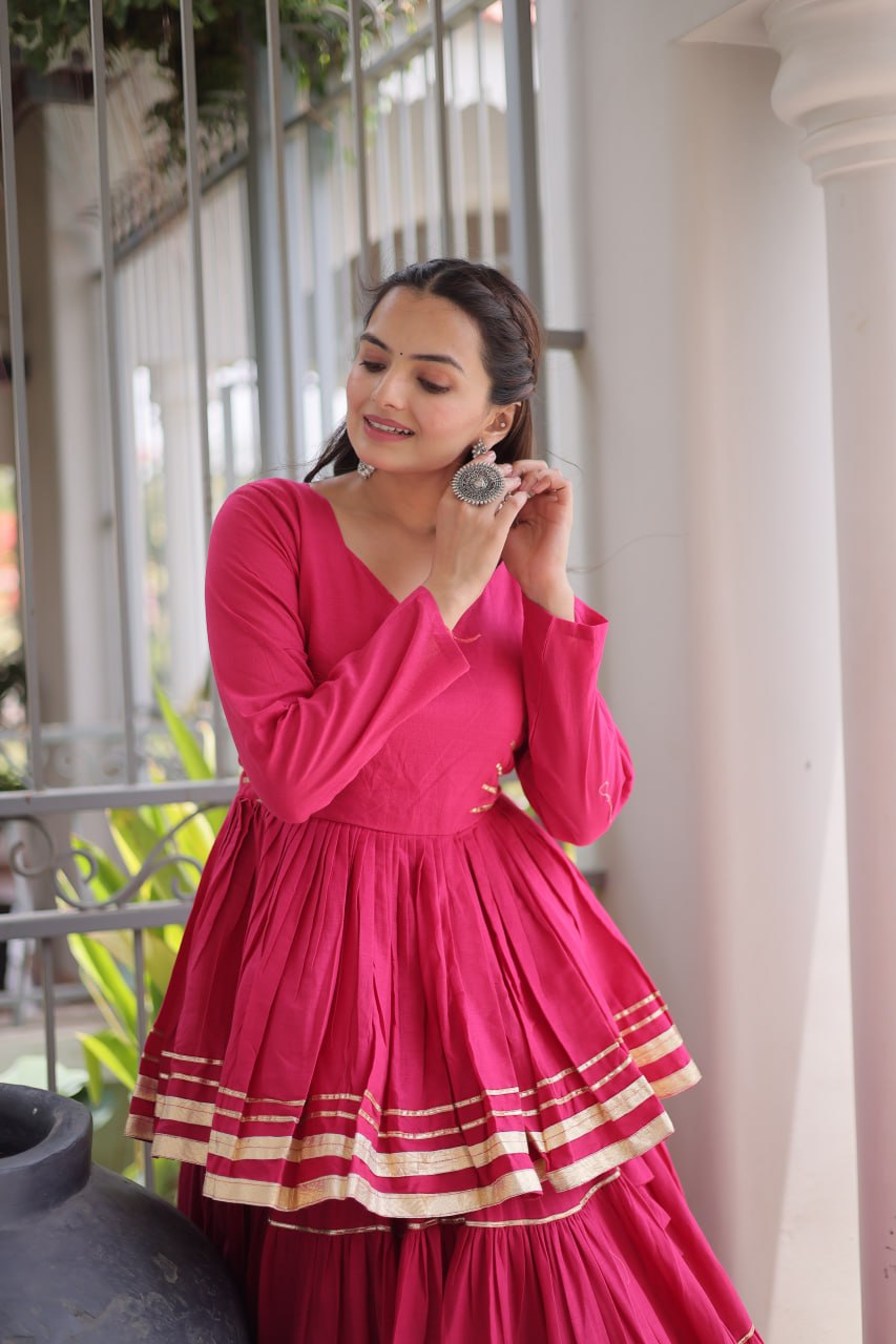 Pink Layered Cora Cotton Navratri Lehenga Set with Peplum Top