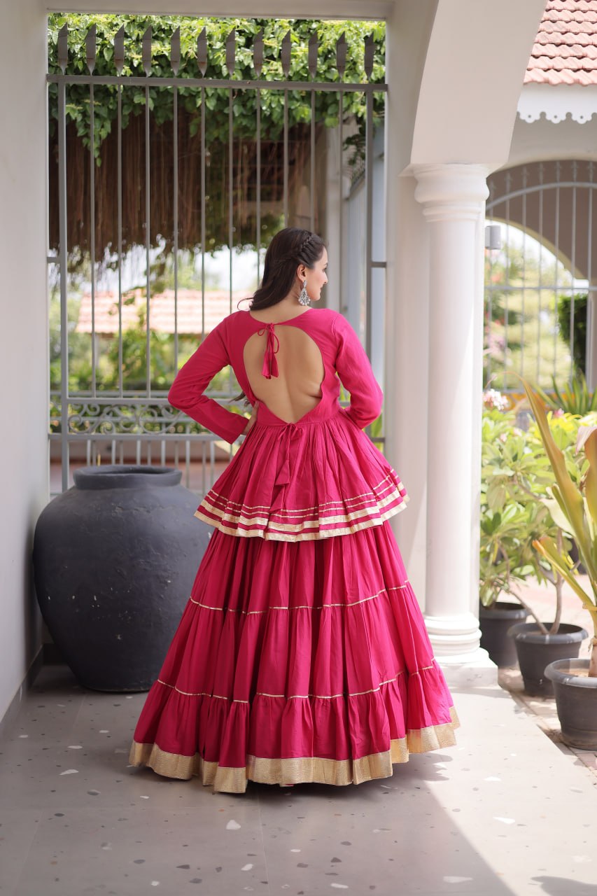 Pink Layered Cora Cotton Navratri Lehenga Set with Peplum Top