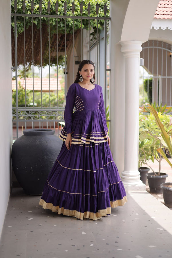 Purple Layered Cora Cotton Navratri Lehenga Set with Peplum Top